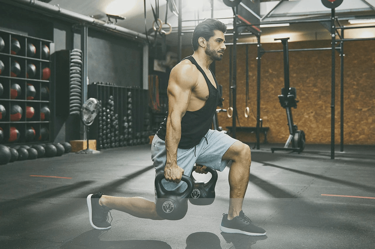 Man som tränar utfallssteg med två kettlebells