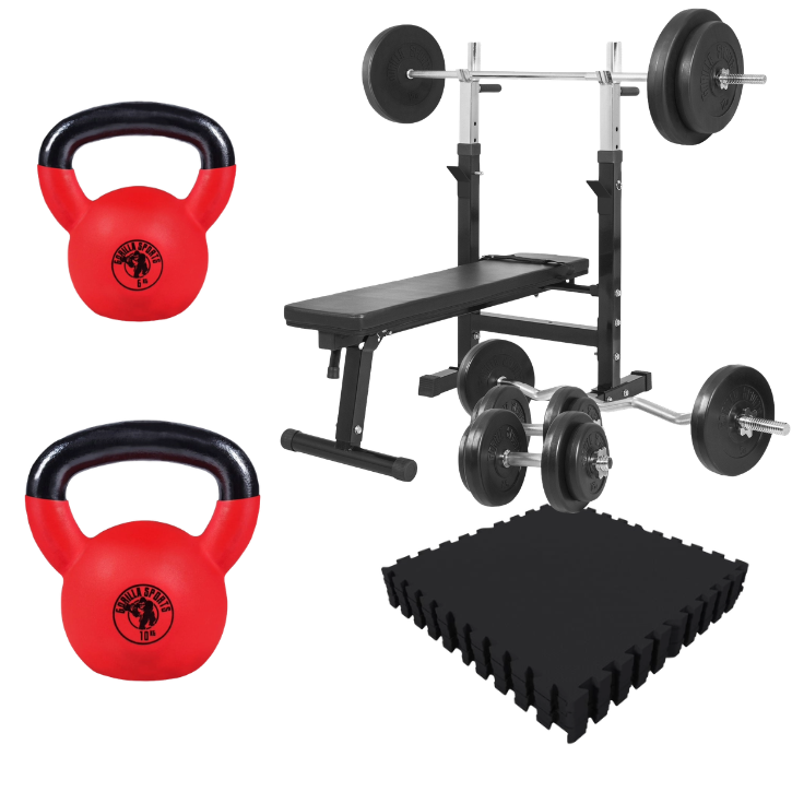 Bänkpress, kettlebells och gymgolv