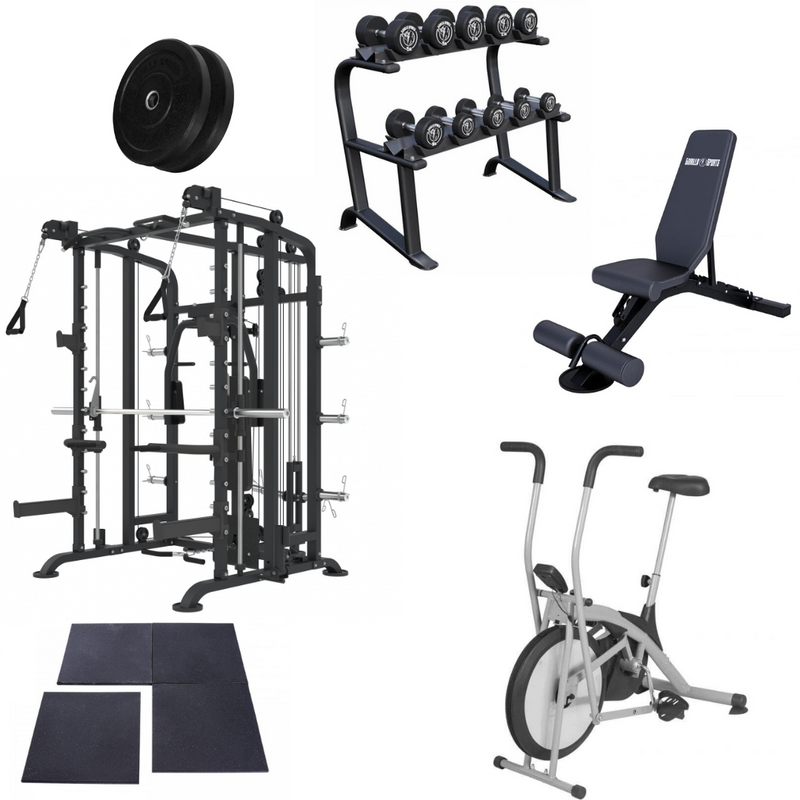 Smithmaskin, assault bike, bänk och hantlar