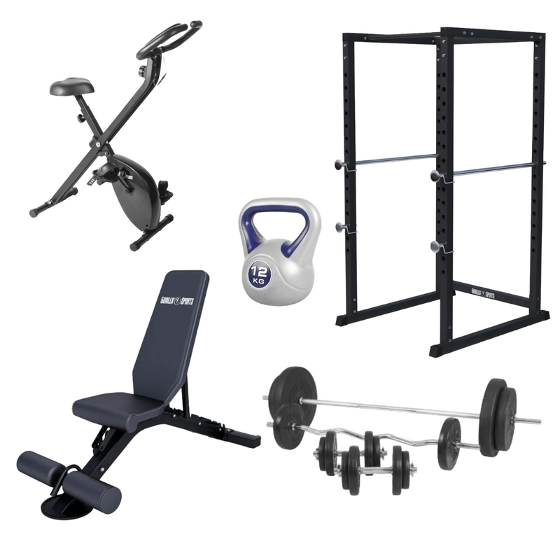 Power cage, bänk, vikter och motionscykel