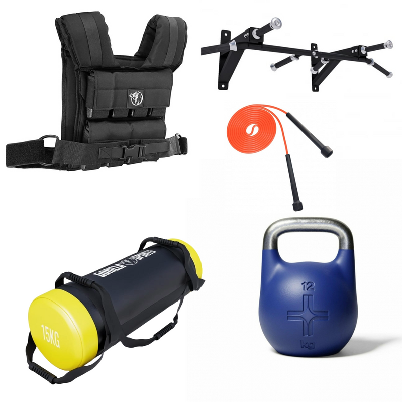 Sandsäck, viktväst, kettlebell, chinsstång och hopprep