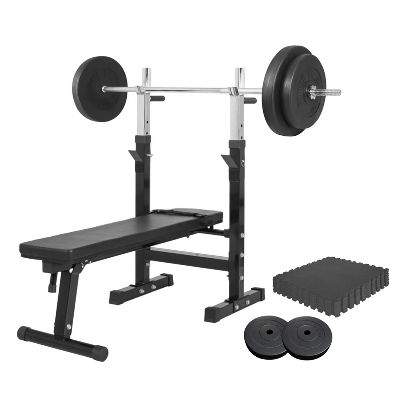Bänkpress, skivstång, 60kg skivor och golv