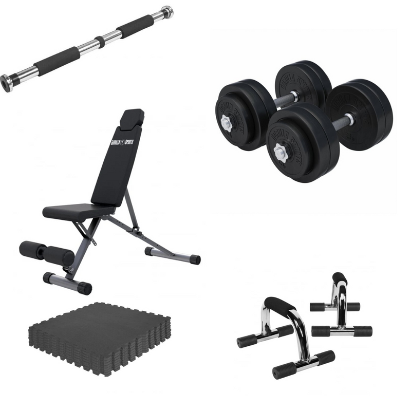 Hantlar, bänk, chinsstång, push up bars och golv