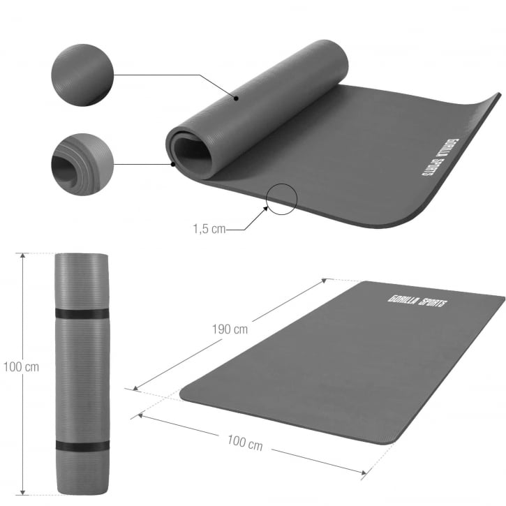 Stor grå träningsmatta från gorilla sports med mått