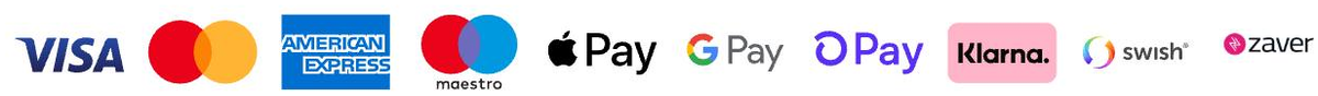 Visa, Mastercard, American Express, Maestro, Apple Pay, Google Pay, Dankort, Klarna, Swish, Zaver